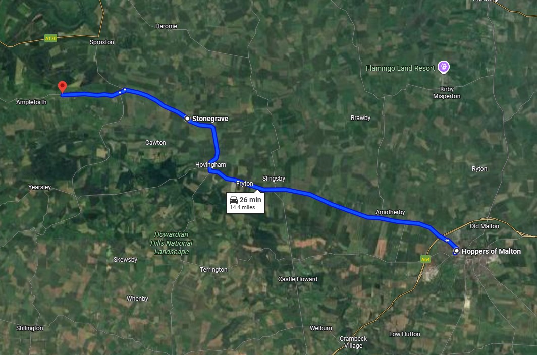 Google maps route showing a 26 minute journey between Malton and Ampleforth College, via Stonegrave.